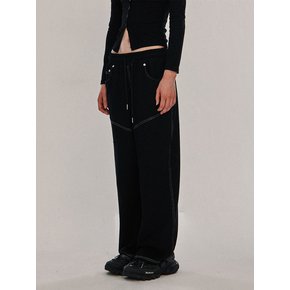 Diagonal Stitch Banding Wide Cotton Pants [Black]