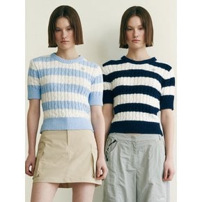 [현서 PICK]STRIPE CABLE HALF SLEEVE SUMMER KNIT SK