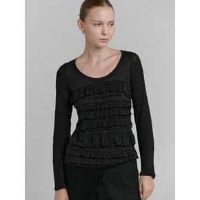 FRILL U NECK T-SHIRT [BLACK]