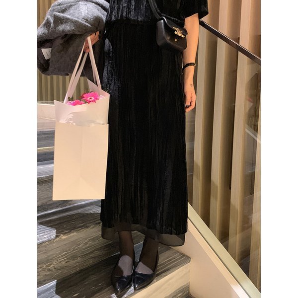 링클벨벳 레이어드 스커트 _BLACK