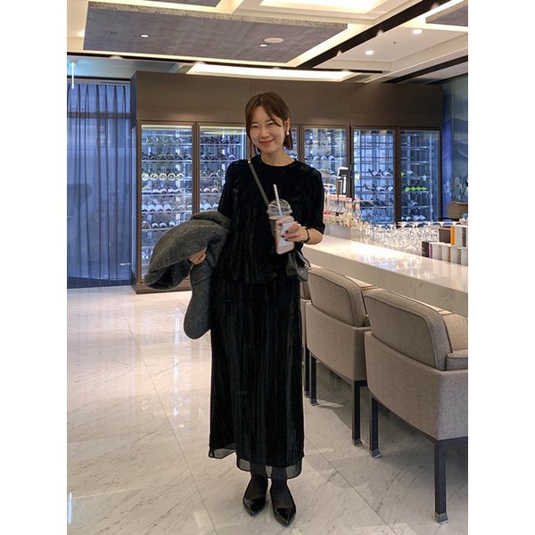 링클벨벳 레이어드 스커트 _BLACK