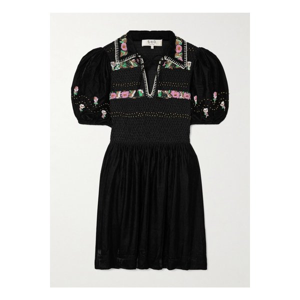 브린 장식 스모킹 벨벳 미니 드레스 블랙 1647597350558303