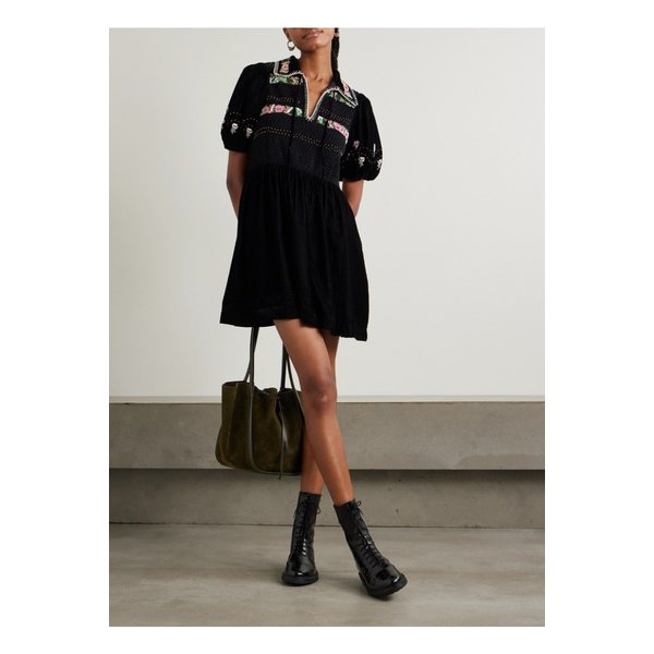 브린 장식 스모킹 벨벳 미니 드레스 블랙 1647597350558303