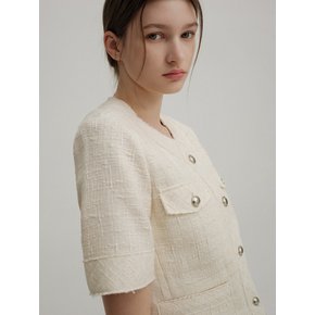 COLLARLESS TWEED JK (CREAM)