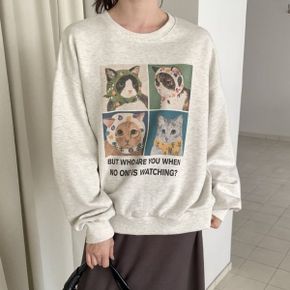 컬쳐고양이나염 라운드박스 맨투맨 긴팔티셔츠 가을데일리 오버핏 레터링 면캐주얼_P438808113