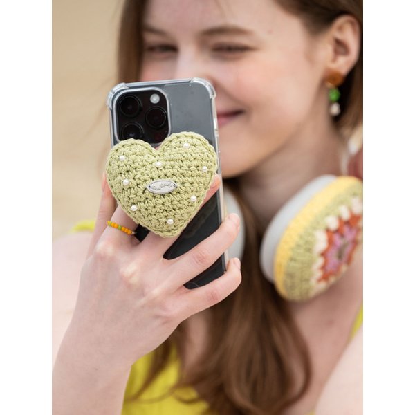 No.119 / Chubby Pearl Heart Griptok _ Lime (통통 하트 진주 크로쉐 뜨개 그립톡)
