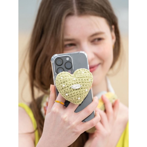 No.119 / Chubby Pearl Heart Griptok _ Lime (통통 하트 진주 크로쉐 뜨개 그립톡)