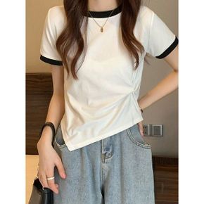 배색 라운드넥 사선 셔링 반팔 티셔츠 G5MTS005P _P397600517