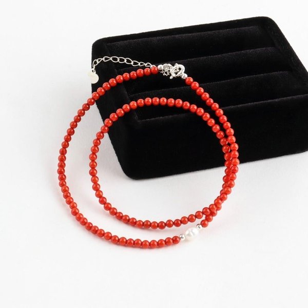 [옷자락] 여자 레드 산호 염주 붉은 비즈 진주볼 포인트 목걸이
