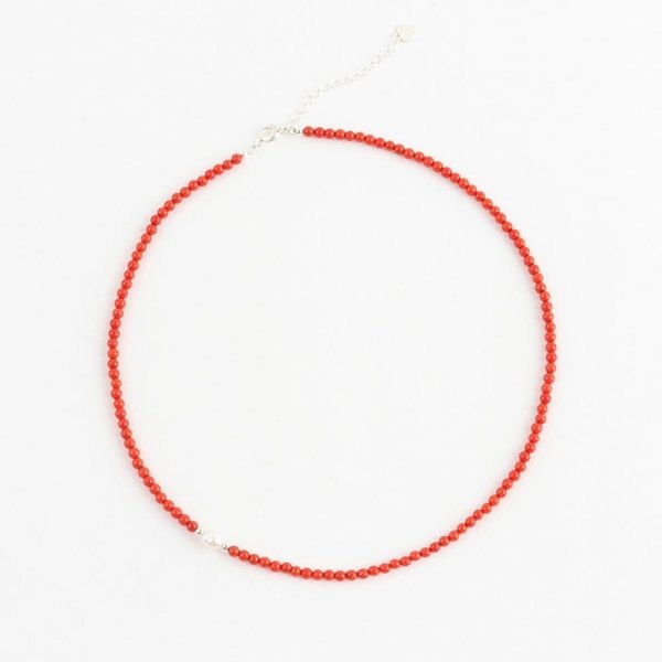 [옷자락] 여자 레드 산호 염주 붉은 비즈 진주볼 포인트 목걸이