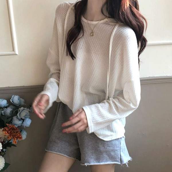 확대된 대표 여자 데일리 와플 패턴 캐쥬얼 레이어드 후드 티셔츠