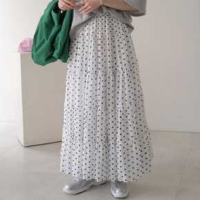 로렌 셔링 캉캉 도트 쉬폰 맥시 롱스커트 플레어 밴딩 땡땡이치마