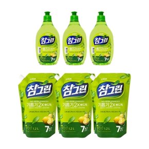 참그린 주방세제 녹차 기름기 2X 뽀드득 용기 500g x3 + 리필 1.2L x3