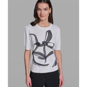 칼라거펠트 우먼 보우 프린트 Short-Sleeve 코튼 스웨터 - 화이트 블랙 흰검 27004895 1392750