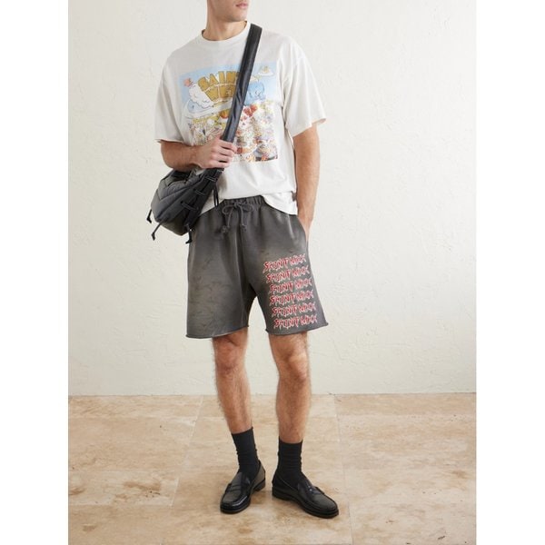 와이드 로고 프린트 디스트레스드 코튼 저지 드로우스트링 쇼츠 46376663162962414