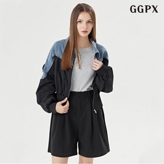 GGPX 정상가:149,000원  카라넥 데님 배색 셔링 밴딩 집업 점퍼 (GOCJJ001D)