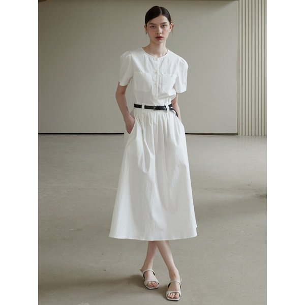 [세트] 포켓 하프 퍼프 블라우스+셔링 스커트 화이트  amr1606