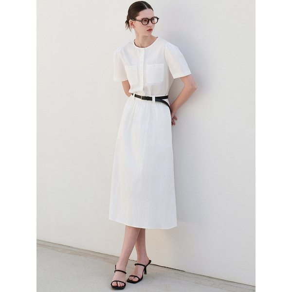 [세트] 포켓 하프 퍼프 블라우스+셔링 스커트 화이트  amr1606