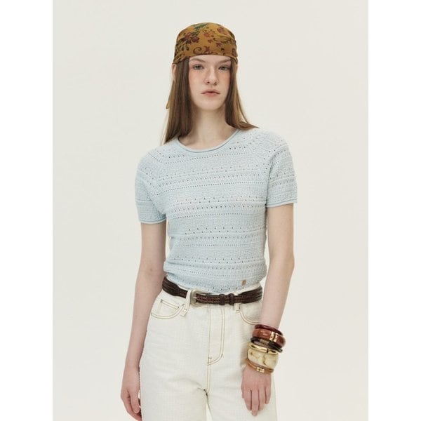 Crochet Short Sleeved Sweater, Light Blue