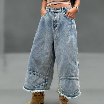  [옷자락] 여성 태슬 넓은 8부 버뮤다 청반바지 빈티지 스타일