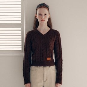 V NECK CABLE LABEL KNIT BROWN