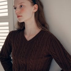 V NECK CABLE LABEL KNIT BROWN