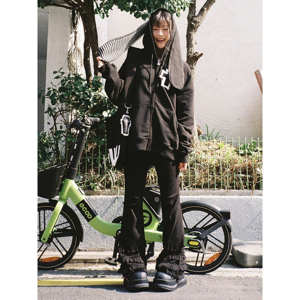 Ribbed Frill Legging Pants - BLACK