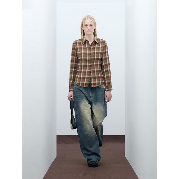 85-VIVA076 컨트리 머피 슬림핏 긴팔 타탄 체크 셔츠 브라운