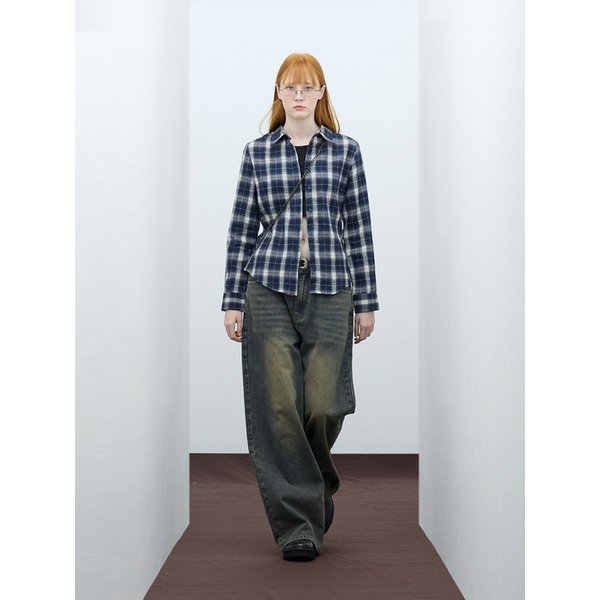 85-VIVA081 포인트 라인 슬림핏 긴팔 체크 셔츠 네이비