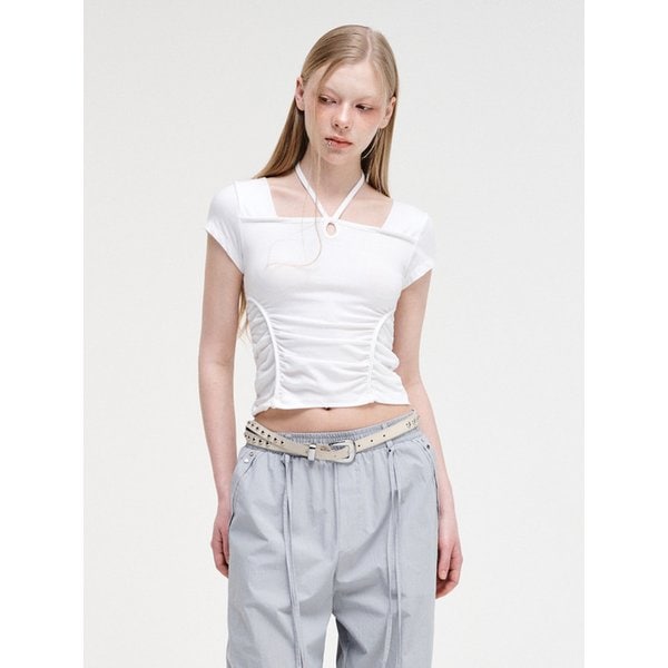 Shirring Hole Strap T-Shirt, White