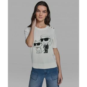 칼라거펠트 우먼 Petite Short-Sleeve 스웨터 - 소프트 화이트 블랙 흰검 26658962 1391153