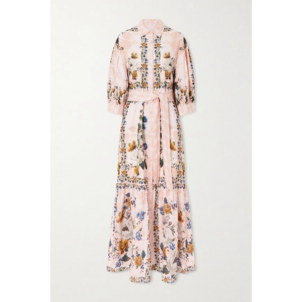 보르고 드 노르 비앙카 벨티드 프린트 리넨 코튼 블렌드 미디 원피스 46376663162974196