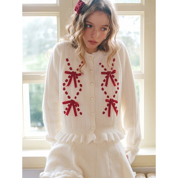 Cest_Ruffle velvet bow knit cardigan