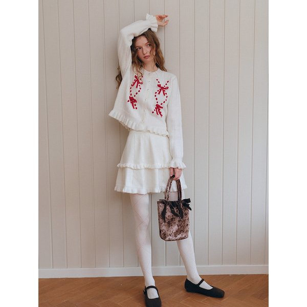 Cest_Ruffle velvet bow knit cardigan