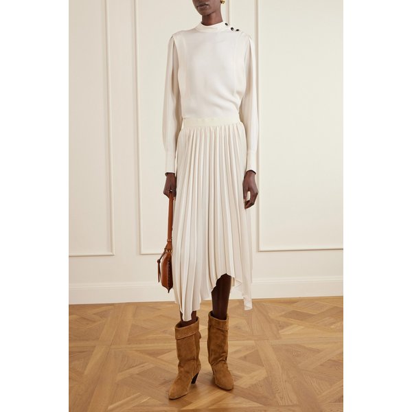 펠릭시아 어시메트릭 플리츠 새틴 크레이프 미디 스커트 46376663162989653