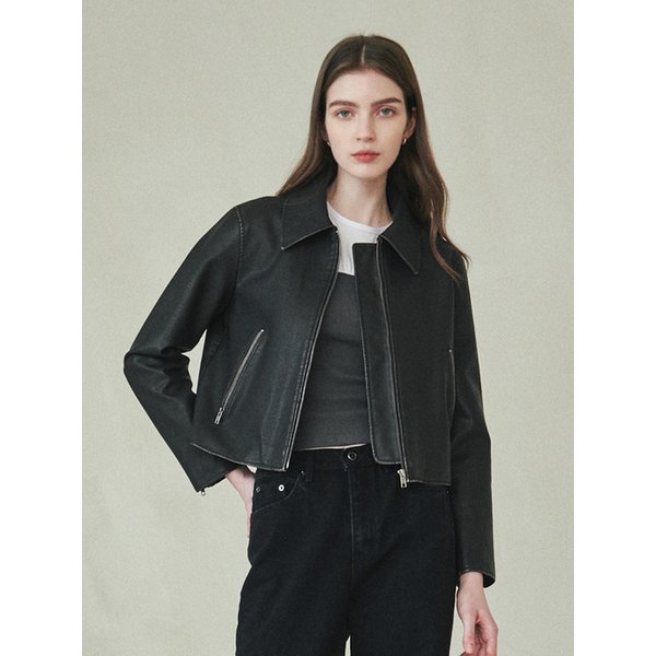 신세틱 레더 워싱 크롭 자켓 [블랙]