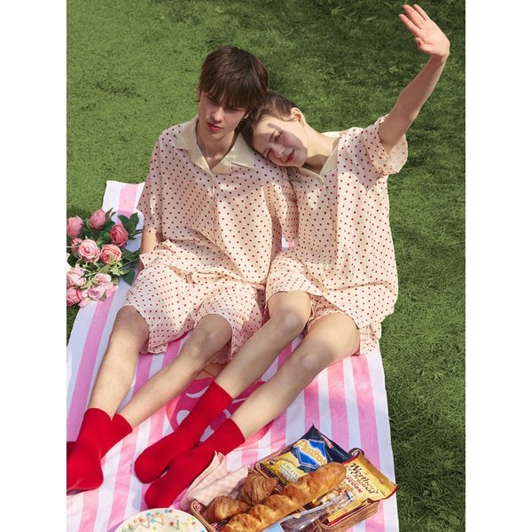 [2PACK] 레드도티 클린핏 반팔 커플 파자마세트