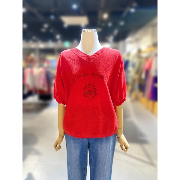 [여주점] 셔링 자수 브이넥 니트 (BAKPA7631)