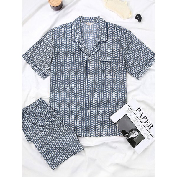 엔틱블루 반팔 순면 남성 빅사이즈 잠옷 세트