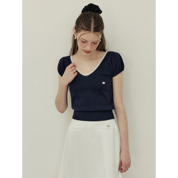 Back ribbon coloring v neck puff knit - navy