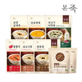 아침엔본죽 [본죽] 상온죽 330g 6종+미니장조림 세트(전복1+쇠고기1+삼계1+짬뽕1+단호박1+미역1+미니장조림2)