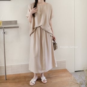 레이플 여성 봄 여름 셋업 투피스 밴딩 뒷트임 롱 스커트 가오리 캡소매 반팔티 세트