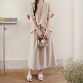 레이플 여성 봄 여름 셋업 투피스 밴딩 뒷트임 롱 스커트 가오리 캡소매 반팔티 세트