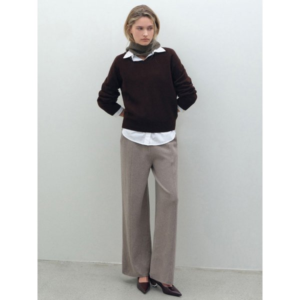 캐시 V넥 볼륨소매 풀오버_브라운