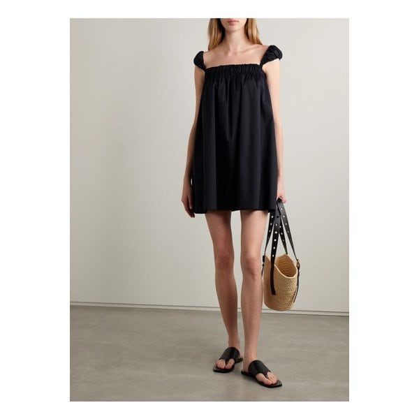 스타우드 보 개더 코튼 혼방 포플린 미니 드레스 블랙 46376663162859586