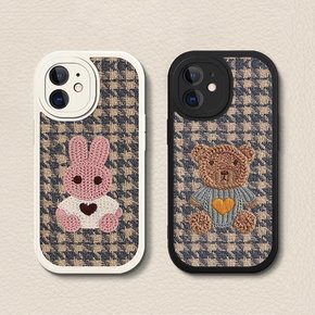 아이폰 15 14 13 12 프로 맥스 감성 체크 패턴 패브릭 자수 토끼 곰돌이 캐릭터 실리콘 케이스