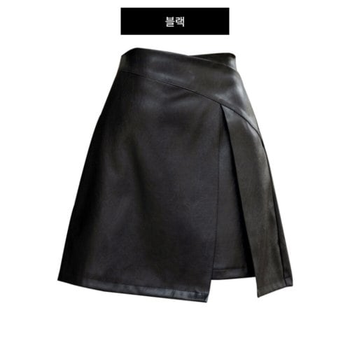 유아몽드 / 가죽 블랙 미니스커트 랩스타일 치마바지 인조가죽 (S