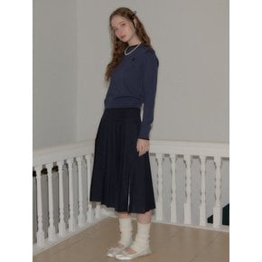 Side Slit Pleated Midi Skirt_ Navy