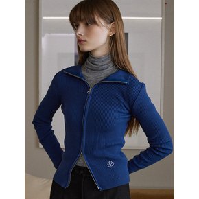 Slim two way zip up wool knit cardigan - blue