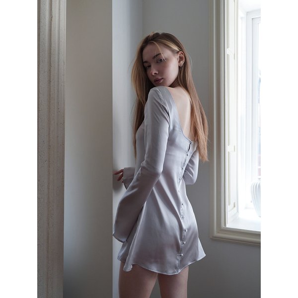 BUTTON-BACK SILVER SILK DRESS